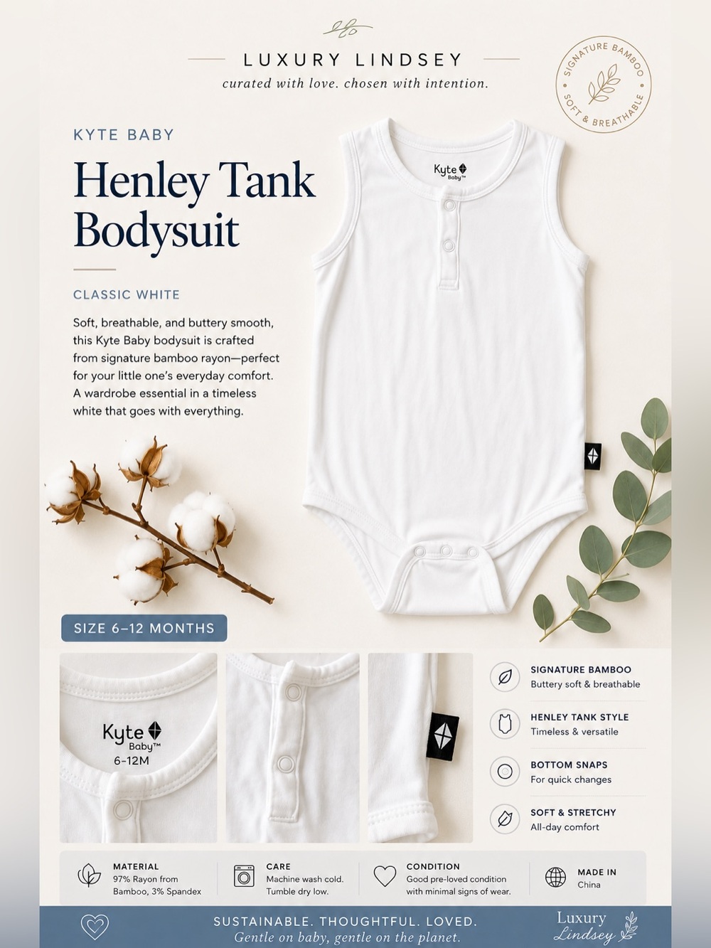 Kyte BABY Cloud Sleeveless Bamboo Bodysuit Onesie 6–12M White